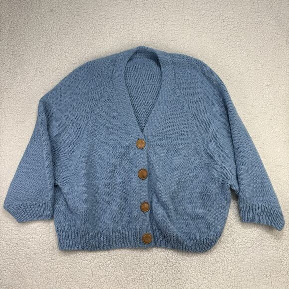 Handmade Knit Blue Chunky Hand Knit Big Wooden Buttons Cardigan Sweater Womens - Picture 1 of 8